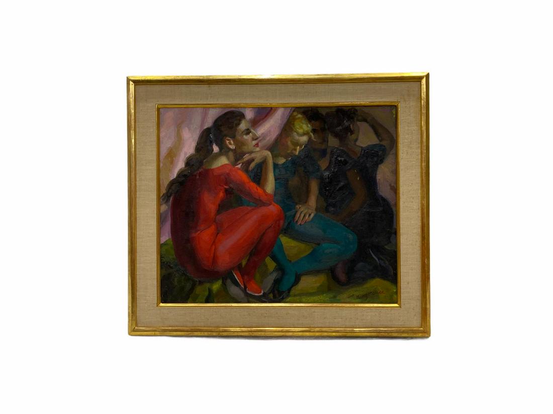 Signed Juan Mingorance Spanish Oil Painting on Canvas: Juan Mingorance Spanish Oil Painting on Canvas Dancers Signed lower right measuresHeight: 19 1/2" x Width: 23 1/2", 3" frame and matte