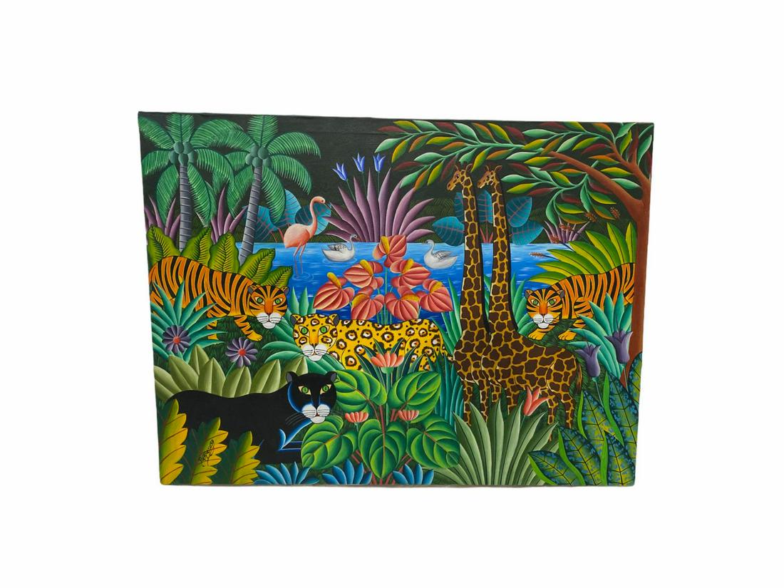 Signed Pierre Maxo Haitian Unframed Oil Painting on: Pierre Maxo Haitian Unframed Oil Painting on Canvas Jungle signed lower left measures Height: 30"x Length: 40"