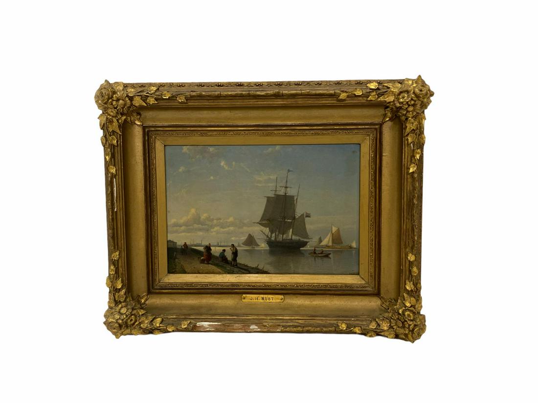 Signed Johan Adolph Rust Oil Painting on Board Seascape: Johan Adolph Rust )b. 1828-1915) Oil Painting on Board Seascape Boat Signed lower right. Dimensions are 13" x 9" in a 4" frame and the frame is as is.