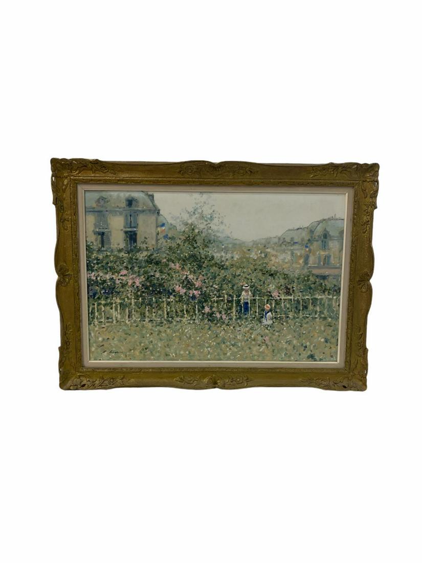 Signed Andre Gisson American/French Oil Painting on: Andre Gisson (American/French, 1921-2003) Oil Painting on Canvas Mother and Child in Garden signed lower left measures Height: 24" x Width: 35 1/2", 4" frame and matte