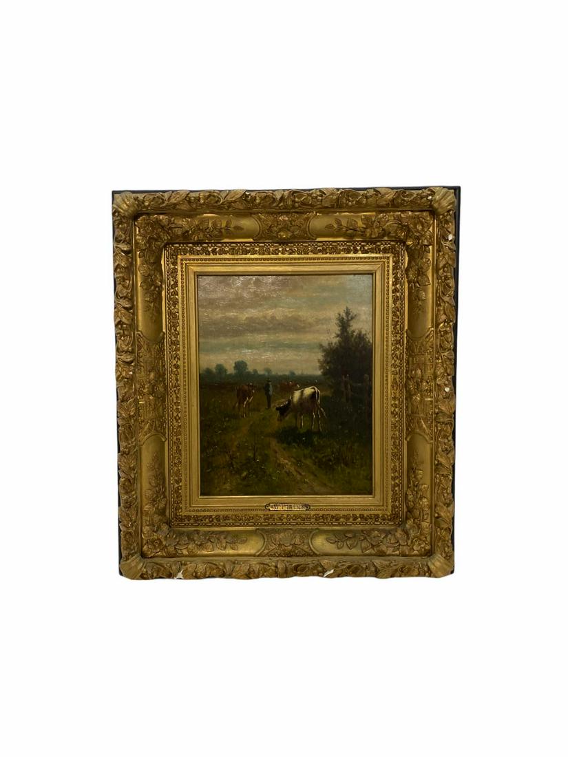 Signed William Frederick Hulk British Oil Painting on: William Frederick Hulk (British, 1852-1906) Oil Painting on Canvas Cattle and Drover in a Landscape signed lower right measures Height: 15" x Width: 12", 6" frame