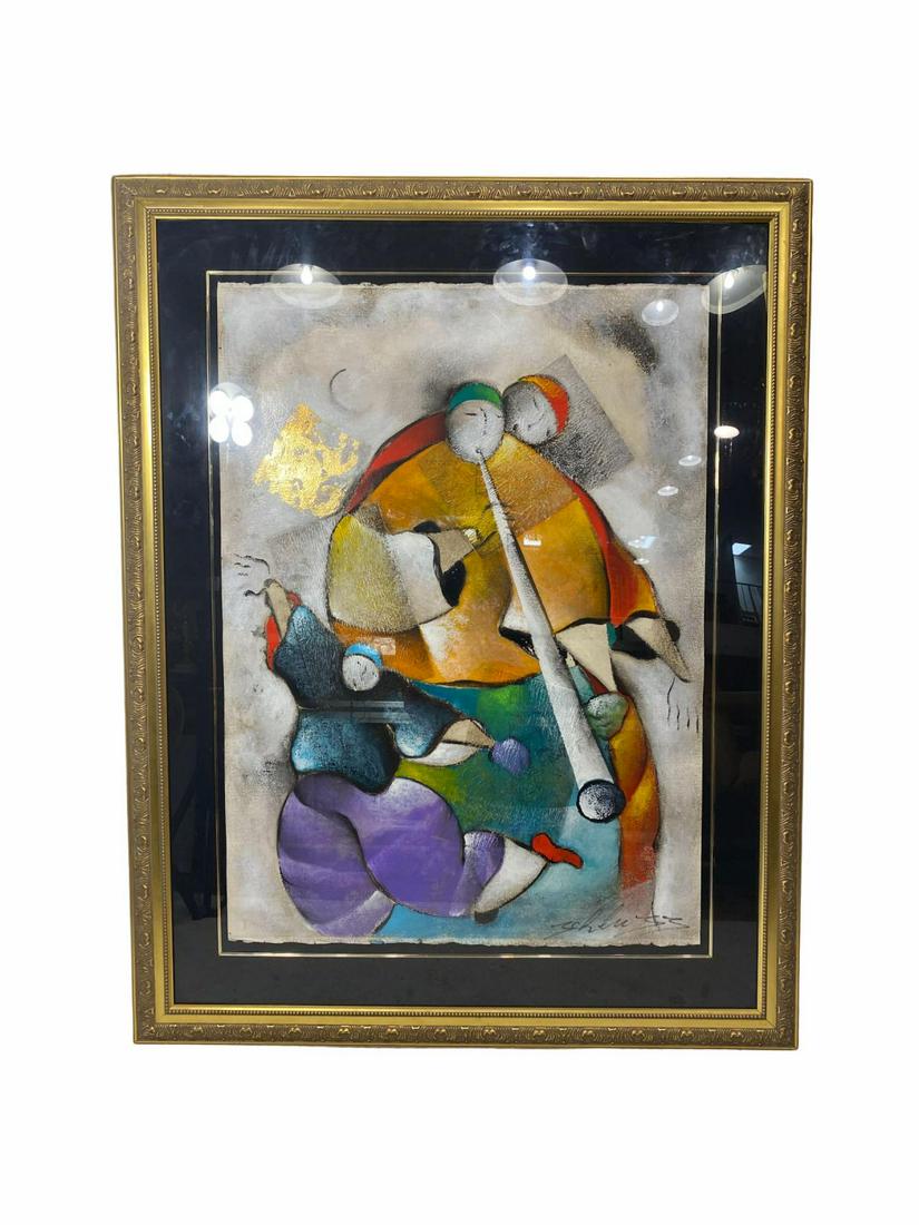 Signed David Schluss Israeli Acrylic Painting on Paper: David Schluss (Israeli b. 1943) Acrylic Painting on Paper of Three Musicians signed lower right measures Height: 40" x Width: 30", 6 1/2" frame and matte