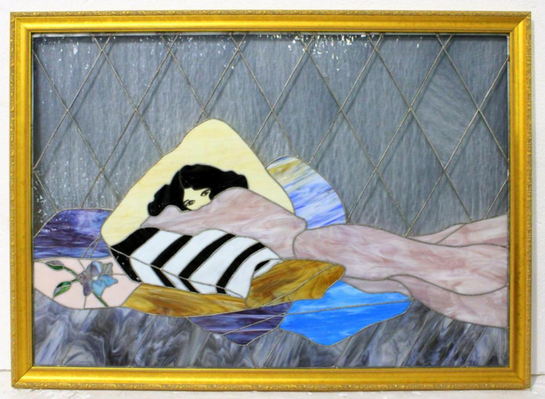 Stained glass leaded figural gold frame window of: Stained glass leaded figural gold frame window of reclining woman measures 33 1/2" x 48" frame is 2"