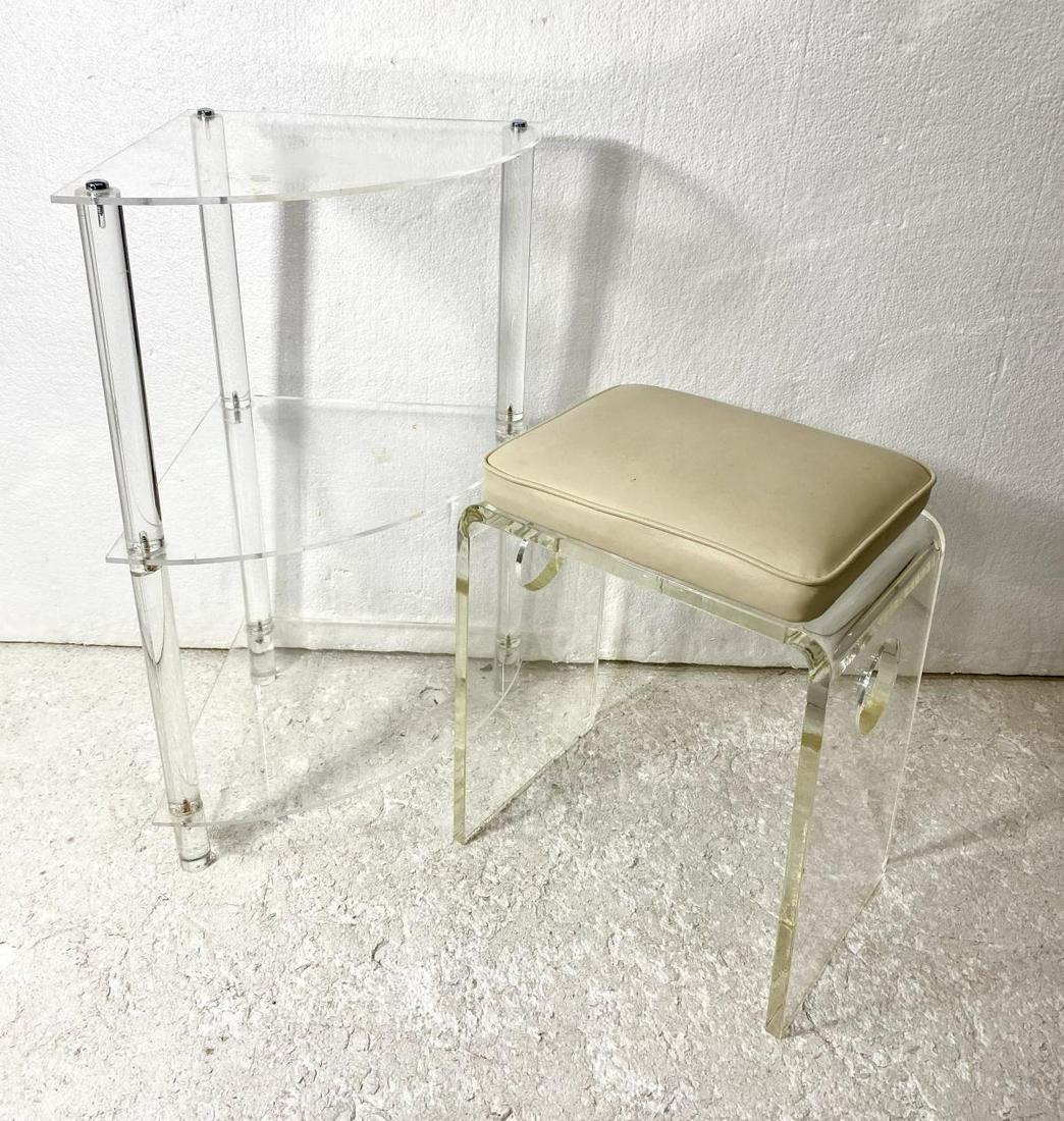 Two Pcs Mid Century Modern Acrylic Three Tier Corner: Two Pcs Mid Century Modern Acrylic Three Tier Corner Shelf and Small Stool. Shelf measures 27" x 19" x 13" and stool measures 18" x 14" x 9 1/2"