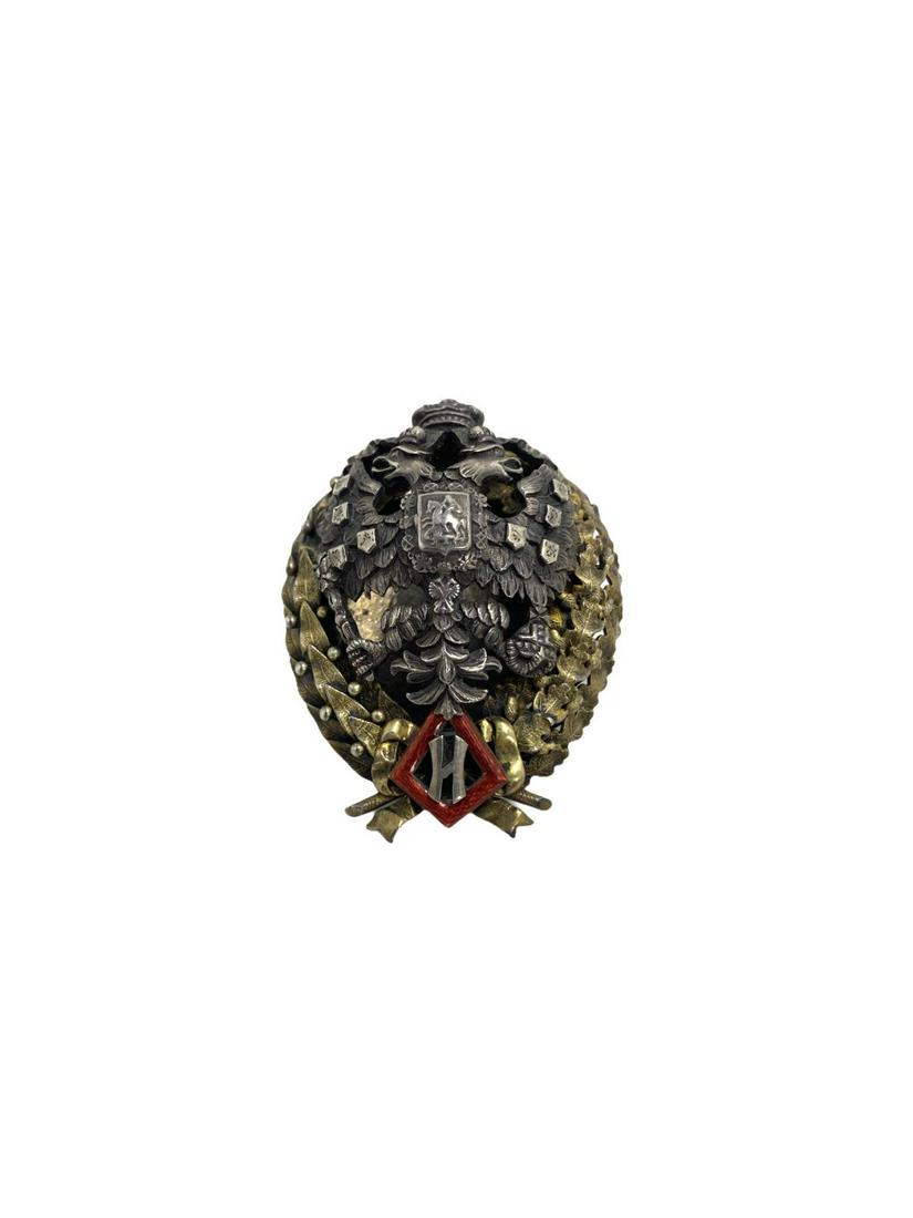 Imperial Russian Silver and Enamel Badge with: Imperial Russian Silver and Enamel Badge with Hallmarked 84 For Silver and Various Hallmarks on Back Double Headed Imperial Eagle measures 2 1/2" x 1 3/4"