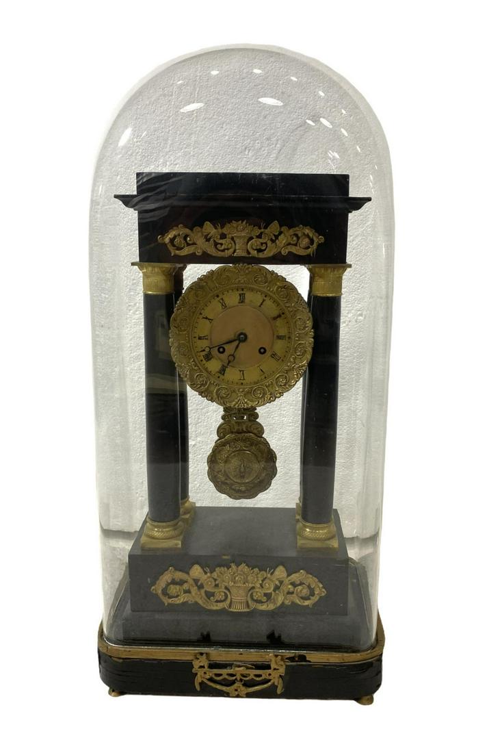 Antique French Empire Portico Clock with Dome Glass: Antique French Empire Portico Clock with Dome Glass measures Height: 19 1/2" x Width: 9 1/2", base measures 2 1/2"