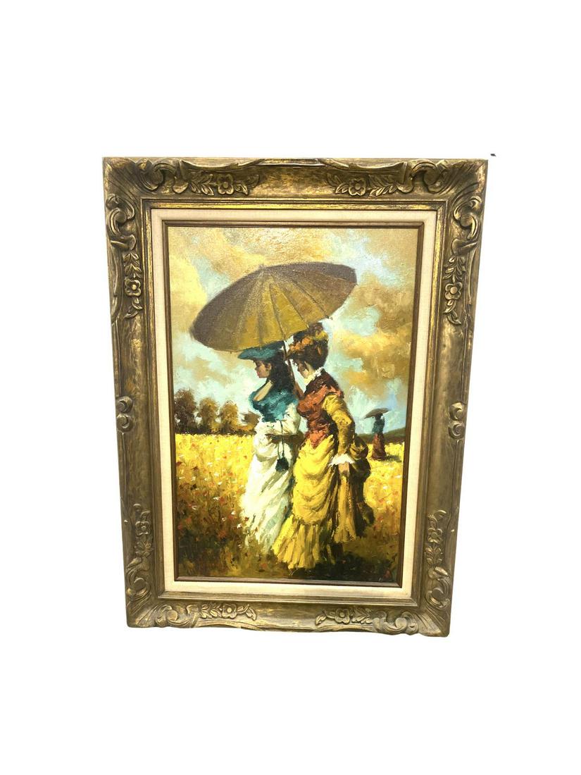 Signed John Adamos Manol (Greek/American, 1900) Oil: John Adamos Manol (Greek/American, 1900) Oil Painting on Canvas Depicting Two Women with Parasol signed lower left measures Height: 35" x Width: 24", 6" frame