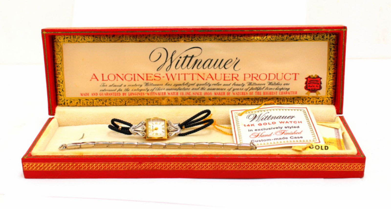 14kt YG and Diamond Wittnauer Watch in Original Box: 14kt YG and Diamond Wittnauer Watch in Original Box with Paper and Extra Band. Brand new never worn measures Length: 5"