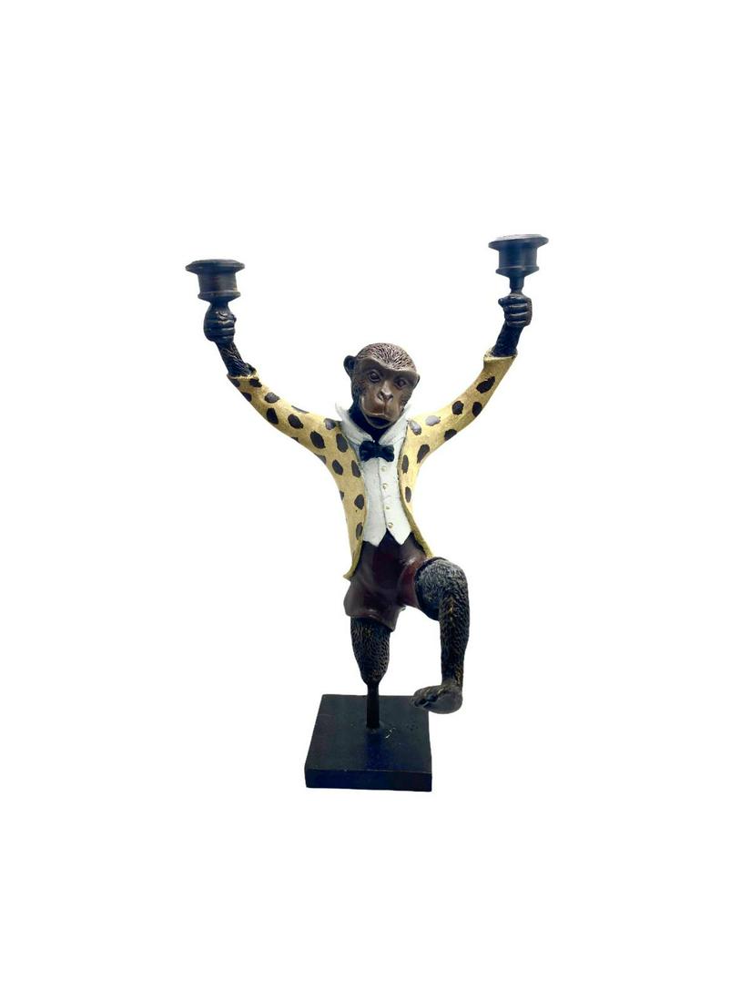 Scully and Scully Cold Painted Cast Iron Monkey: Scully and Scully Cold Painted Cast Iron Monkey Candelabra measures Height: 14 3/4" x Length: 9" x Width: 8"