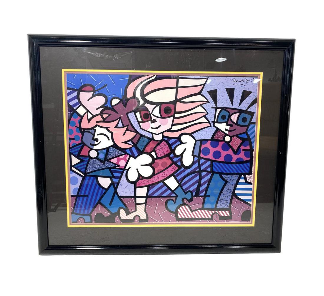 Signed Romero Britto (Brazilian b. 1963) Print in Color: Romero Britto (Brazilian b. 1963) Print in Color Kids signed top right measures Height: 21" x Width: 27", 5" frame and matte