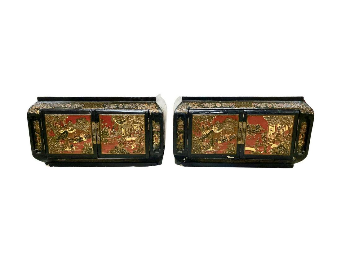 Pair of Antique Chinese Black and Red Lacquer Two Door: Pair of Antique Chinese Black and Red Lacquer Two Door Cabinets measures Height: 20" x Length: 35" x Width: 21"