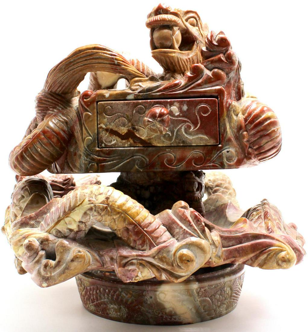 Chinese Carved Soapstone Dragon Figures Centerpiece: Chinese carved soapstone dragon figures centerpiece measures 11" x 10"