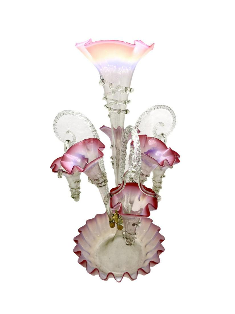 Victorian Glass Epergne Cranberry Opalescent Epergne: Victorian Glass Epergne Cranberry Opalescent Epergne measures Height: 21" x Width: 11"