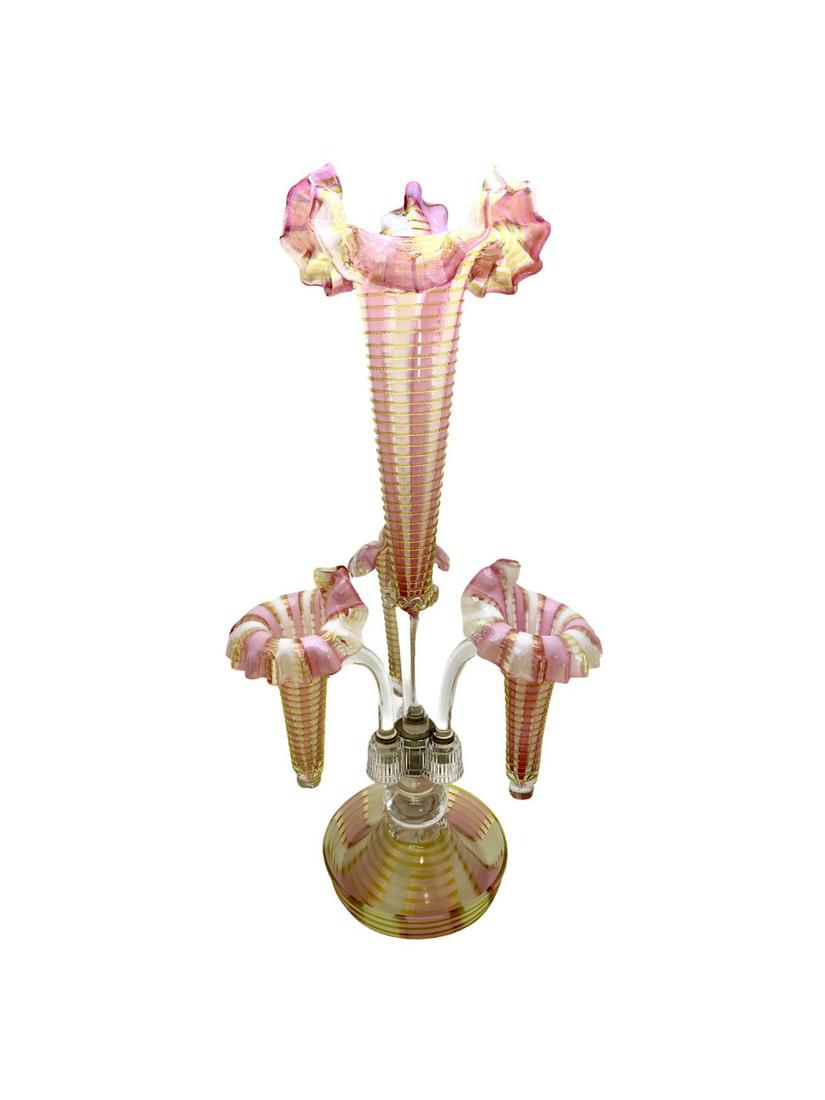 Victorian Ribbon Glass Epergne: Victorian Ribbon Glass Epergne measures Height: 19" x Width: 9"
