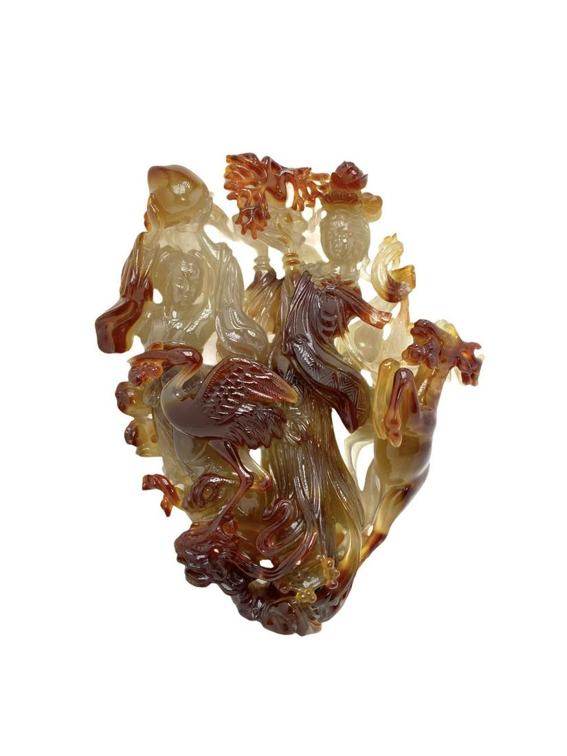 Chinese Carved Carnelian Agate Figural Group Sculpture: Chinese Carved Carnelian Agate Figural Group Sculpture measures Height: 10" x Width: 8"