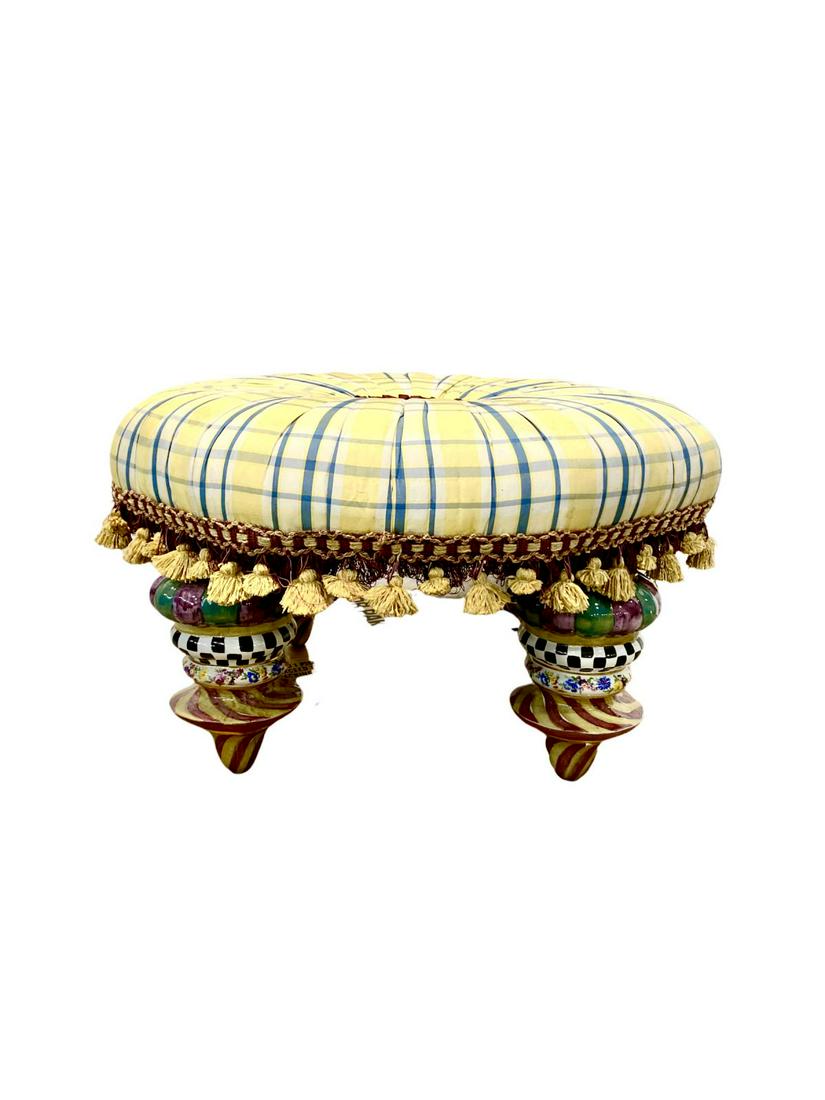 Mackenzie Childs Round Ottoman with Upholstered on Hand: Mackenzie Childs Round Ottoman with Upholstered on Hand Painted Ceramic Legs measures Height: 20" x Diameter: 31"