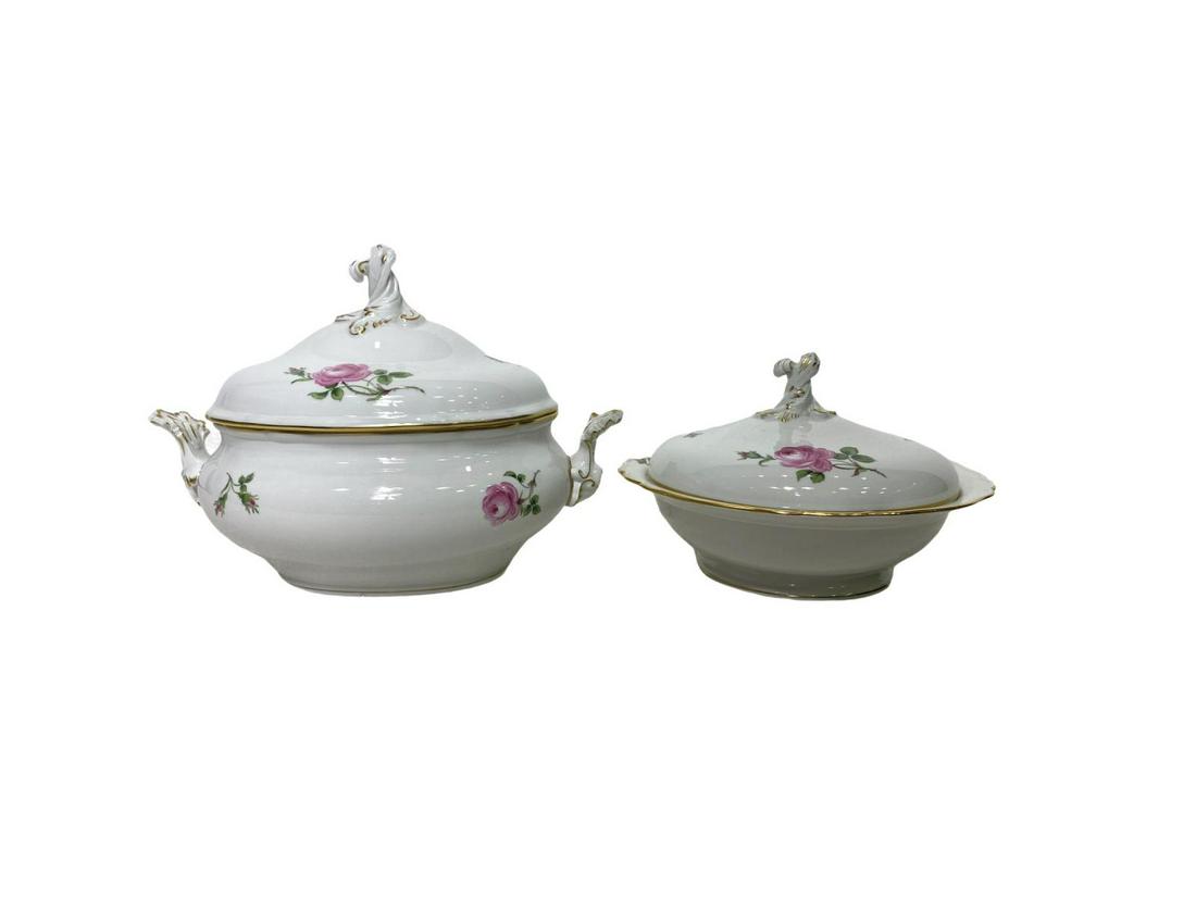 Two Pcs Meissen Porcelain Pink Rose Pattern Covered: Two Pcs Meissen Porcelain Pink Rose Pattern Covered Casserole. Oval casserole measures Height: 10" x Length: 14" and the other measures Height: 7" x Diameter: 10"