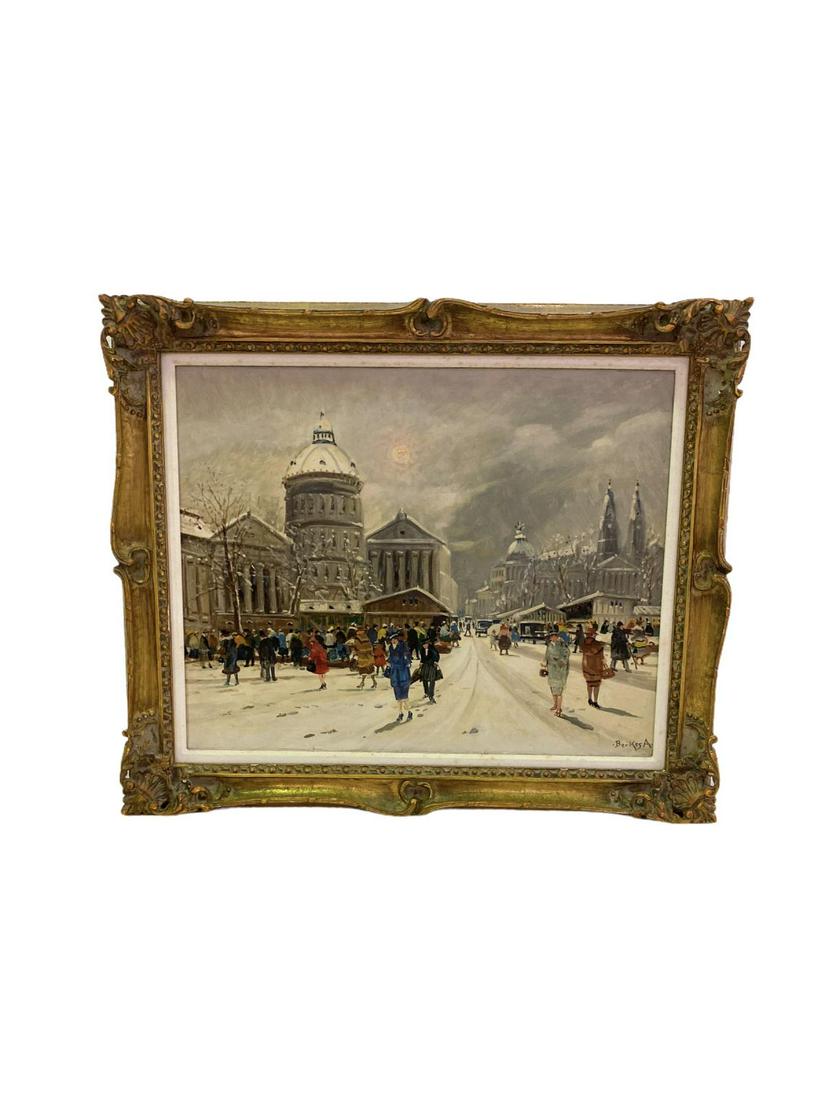 Signed Antal Berkes (Hungarian, 1874-1938) Oil Painting: Antal Berkes (Hungarian, 1874-1938) Oil Painting on Canvas Paris Street Scene signed lower right measures Height: 23 1/2" x Width: 29 1/2", 4" frame and matte, with original price on verso $2,400. Com