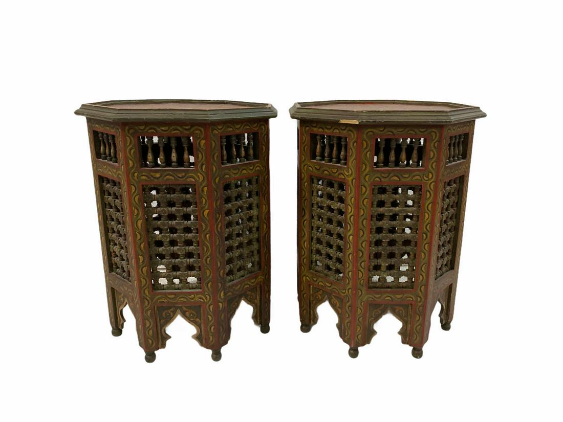 Pair of Hand Carved and Hand Painted Eastern Wood: Pair of Hand Carved and Hand Painted Eastern Wood Octagonal Side Tables measures Height: 26" x Width: 21"