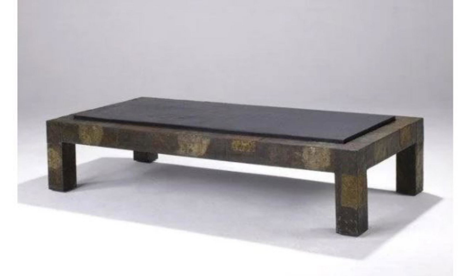 Paul Evans coffee table with slate top, copper bronze: Paul Evans coffee table with slate top, copper bronze and pawter measures 16 1/4" x 68" x 32 1/4"