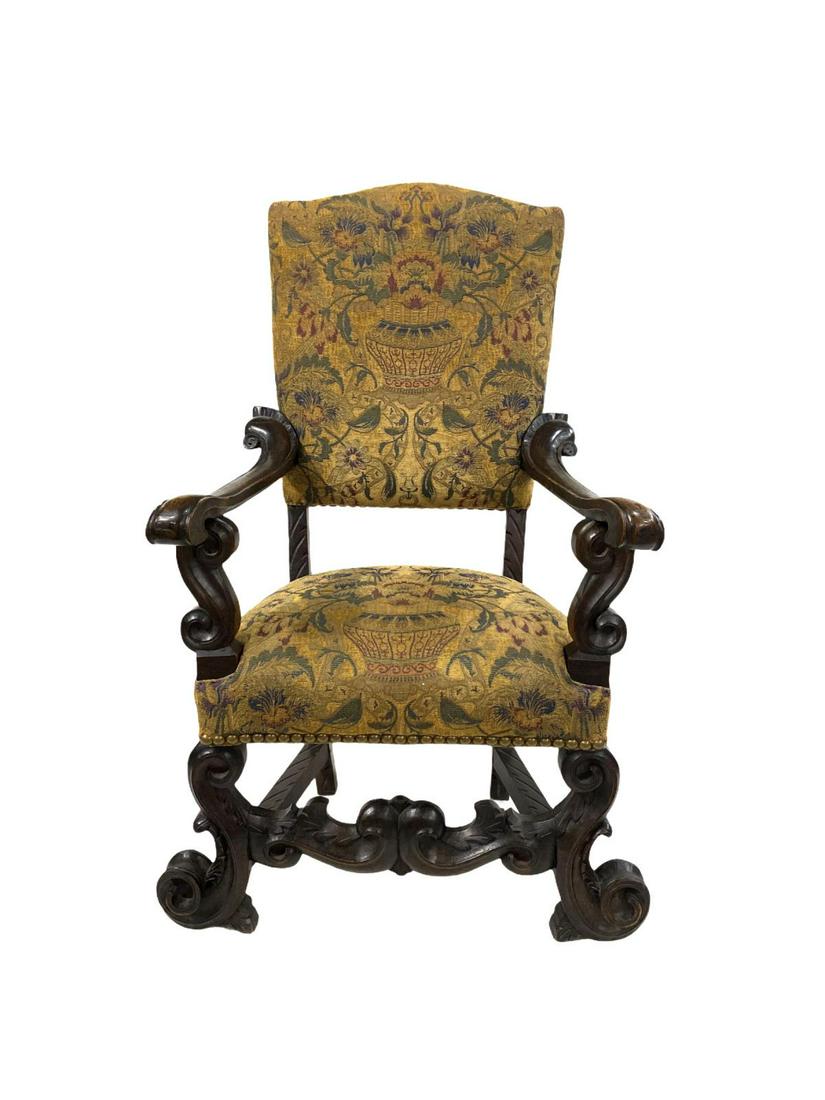 Italian Hand Carved with Needlepoint Upholstery Arm: Italian Hand Carved with Needlepoint Upholstery Arm Chair measures 49" x 26" x 22"