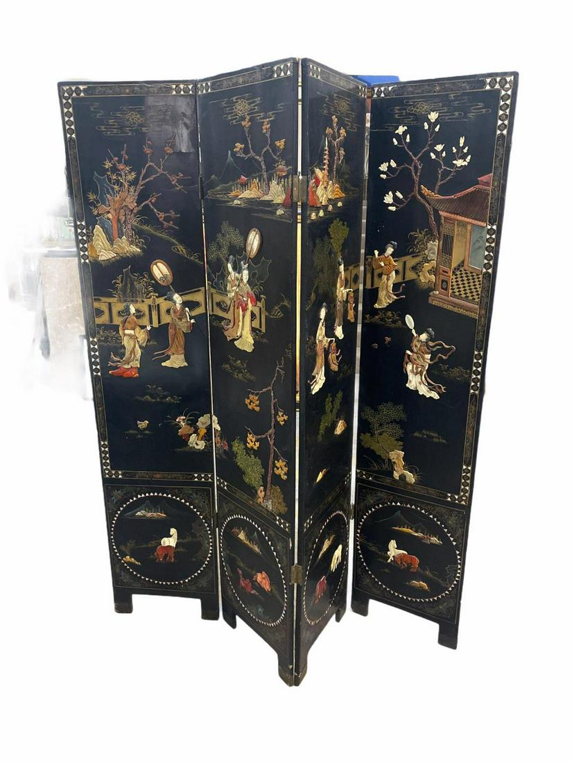 Antique Chinese Black Lacquer Mother of Pearl and: Antique Chinese Black Lacquer Mother of Pearl and Hardstone Inlaid Four Panel Screen. Each panel measures Height: 72" x Width: 16"