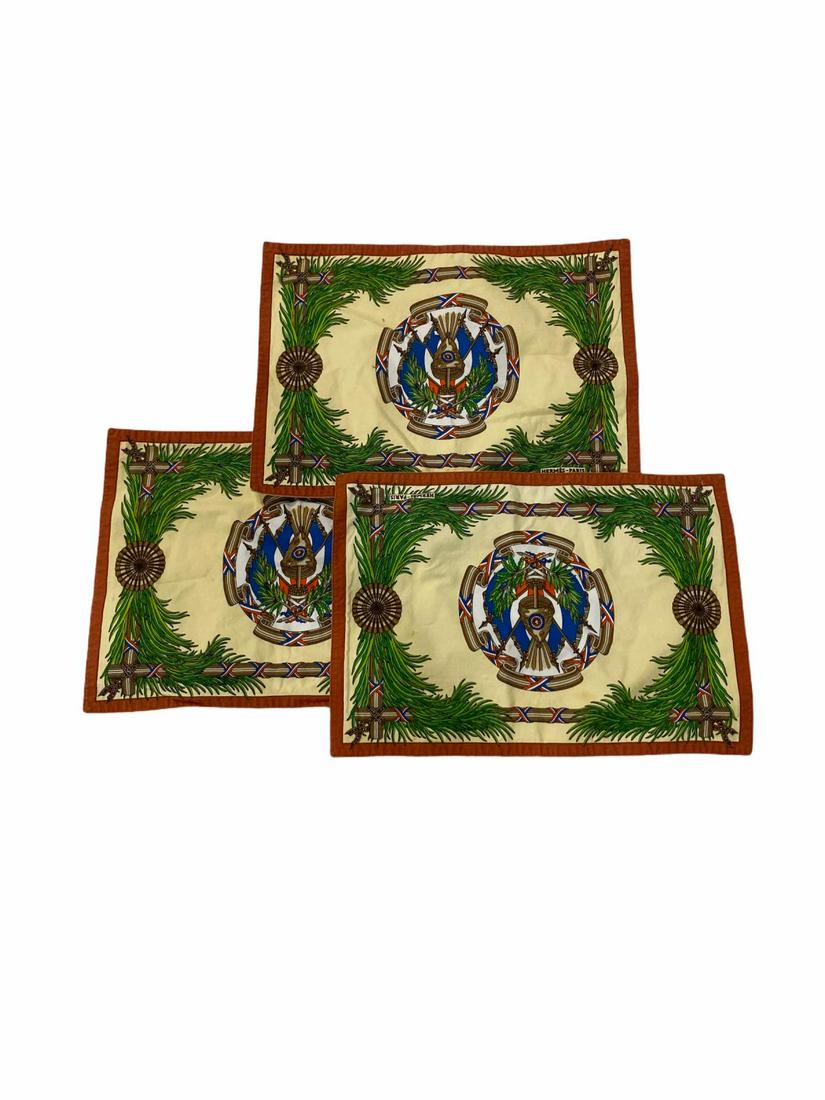 Three Hermes Vintage Placemats: Three Hermes Vintage Placemats measures 17 1/2" x 12 1/2". Minor stains, sold as is
