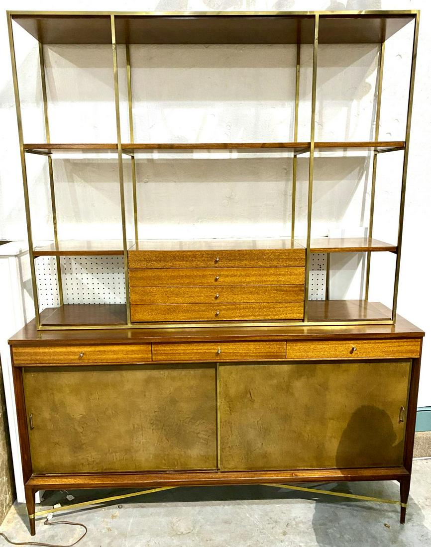 Mid-Century Paul Mccobb for Calvin Cabinet with: Mid-Century Paul Mccobb for Calvin Cabinet with Stretcher and Sliding Front Doors Brass Shelving Unit on Top with Three Drawers Labeled Paul Mccobb for Calvin to Drawer measures Height: 84" x Width: 6