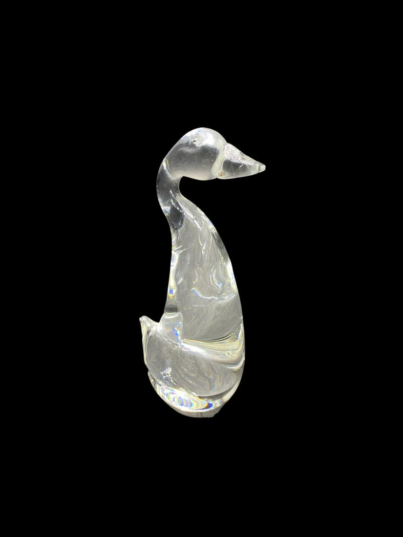 Signed Steuben Glass Duck Figure Signed Steuben on: Signed Steuben Glass Duck Figure Signed Steuben on Bottom measures 8". Has a small scratch or chip, sold as is