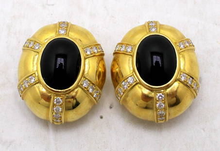 Pair of 18kt YG, 2.50ct Diamond and Black Onyx Earrings: Pair of 18kt YG, 2.50ct Diamond and Black Onyx Earrings 27.9 PWT