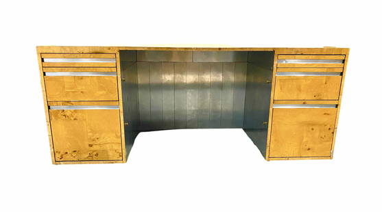 Paul Evans Cityscape Burl Wood Executive Desk. Large: Paul Evans Cityscape Burl Wood Executive Desk. Large modernist desk cityscape chrome tile base and knee hole marked in original Paul Evans measures Height: 29 1/2" x Width: 72" x Diameter: 37". Has