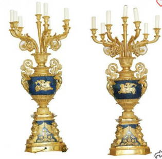 Pair of Empire Style Gilt Bronze and Lapiz Lazuli: Pair of Empire Style Gilt Bronze and Lapiz Lazuli Candelabras 20th Century. Each candelabra has central gilt bronze mounted lapiz urns raised on lapiz plinth bases decorated with seven light