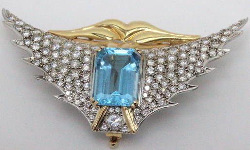 18kt White and Yellow Gold, 10.00ct Diamond and 13.75ct: 18kt White and Yellow Gold, 10.00ct Diamond and 13.75ct Aquamarine Wings Brooch measures 3" x 1 1/2" 17.1dwt/26.59g