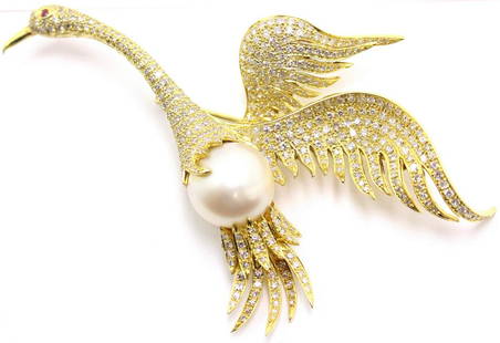 14kt YG, 10.00ct Diamond and Pearl Swan Brooch: 14kt YG, 10.00ct Diamond and Pearl Swan Brooch measures 1/2" x 2" 23.2dwt/36.07g