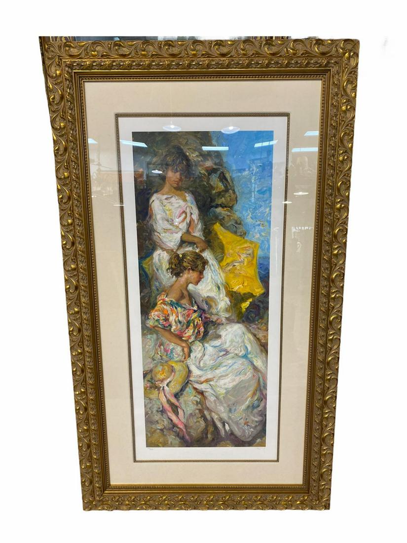 Signed Jose Mateu San Hilario Royo (Spanish b. 1941): Signed Jose Mateu San Hilario Royo (Spanish b. 1941) Serigraph in Color Junto Al Mar signed and numbered 217/245 measures 48" x 21", 4 1/2" frame and matte