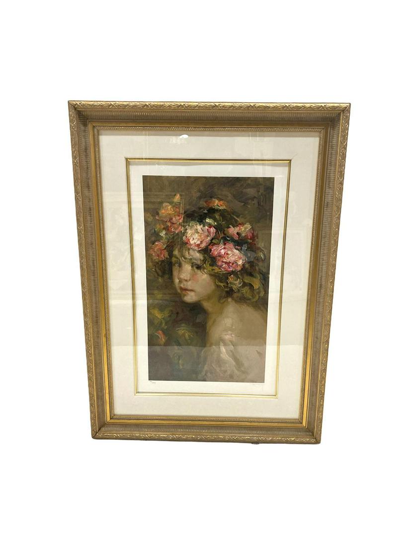 Signed Jose Mateu San Hilario Royo (Spanish b. 1941): Signed Jose Mateu San Hilario Royo (Spanish b. 1941) Serigraph in Color Depicting a Girl with Crown of Flowers signed and numbered 196/275 measures 26 1/2" x 14 1/2", 5 1/2" frame and matte