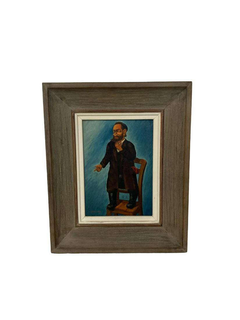 Signed Maurice Kish (Russian/American, 1895-1987) Oil: Signed Maurice Kish (Russian/American, 1895-1987) Oil Painting on Board The Badchen Wedding Jester hand signed lower left artist label on the back measures 11" x 8", 4" frame
