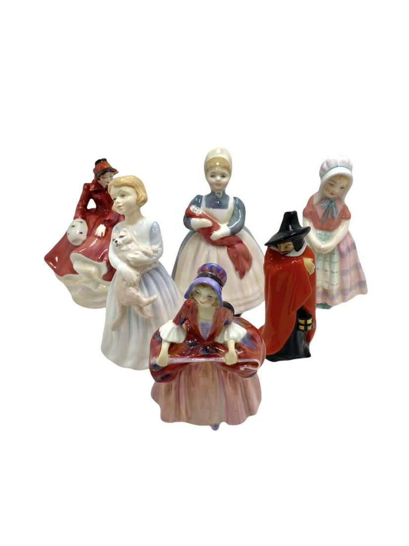 Lot of Six Royal Doulton Porcelain Figurines: Lot of Six Royal Doulton Porcelain Figurines includes HN3208 Emma measures 4", HN1880 Tootler, HN3122 my first pet, HN2142 the rag doll, MN81 Bo peep and HN3271 Guy Fawkes
