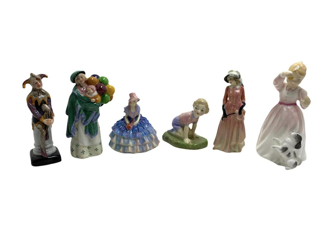 Lot of Six Royal Doulton Porcelain Figurines: Lot of Six Royal Doulton Porcelain Figurines includes HN 3391 , HN 2130 The Balloon Seller, RN 814286 Maureen, M38 Robin, 3335 The Jester and RN 764558 Chloe
