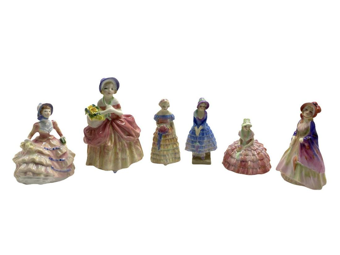 Lot of Six Royal Doulton Porcelain Figurines: Lot of Six Royal Doulton Porcelain Figurines includes HN1809 Cissie measures H: 5" x W: 3 1/2", HSN3649 Hannah, M14 Pricilla, RN964558 Chloe, RN76007 Bridesmaid and RN753120 The Paisly Shawl