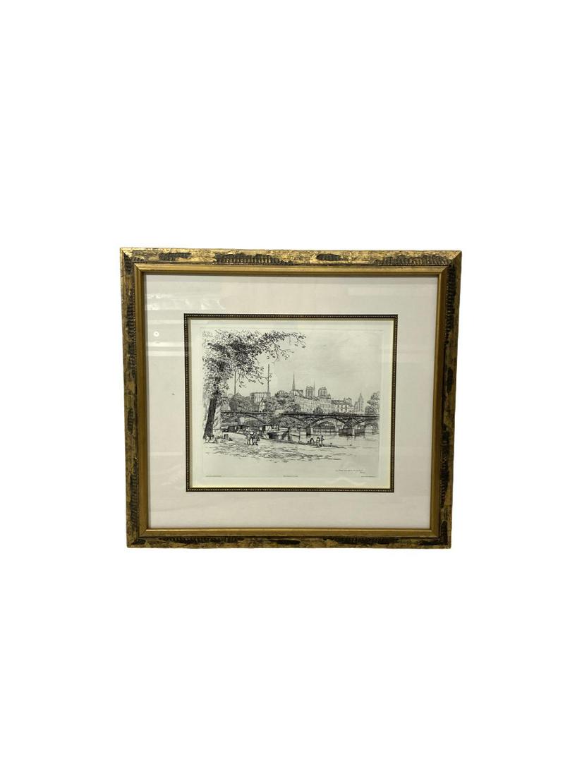Signed Caroline Armington (Canadian, 1875-1939): Signed Caroline Armington (Canadian, 1875-1939) Original Etching Le Pont Des Arts Et La Cite Paris signed and titled measures 11" x 12 1/2", 4" frame and matte