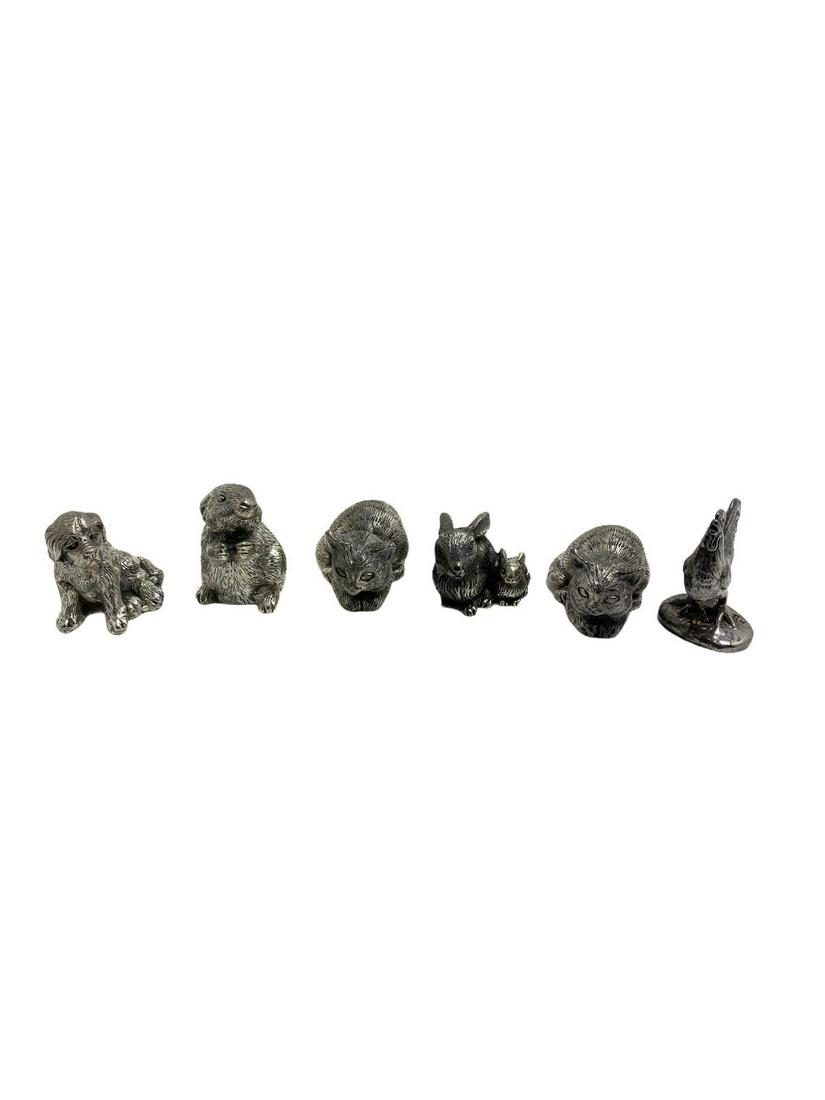 Lot of Six 925 Sterling Silver Miniatures Animals: Lot of Six 925 Sterling Silver Miniatures Animals includes two cats, two rabbits, one dog and one rooster tallest measures Height: 2"