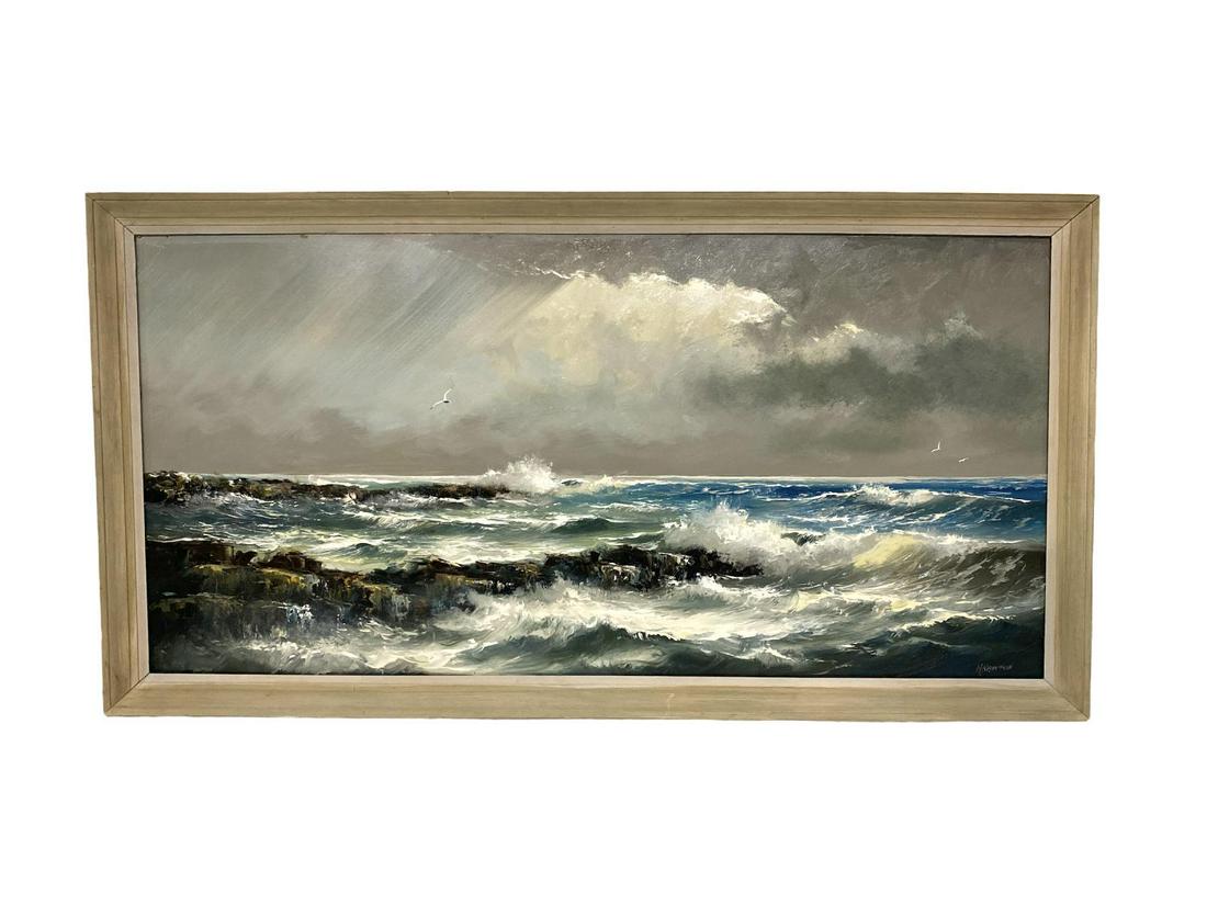 Signed Harold Newton (1932-1994) Florida Highwaymen Oil: Signed Harold Newton (1932-1994) Florida Highwaymen Oil Painting on Masonite beach scene with birds signed lower right measures 24" x 47", 2" frame