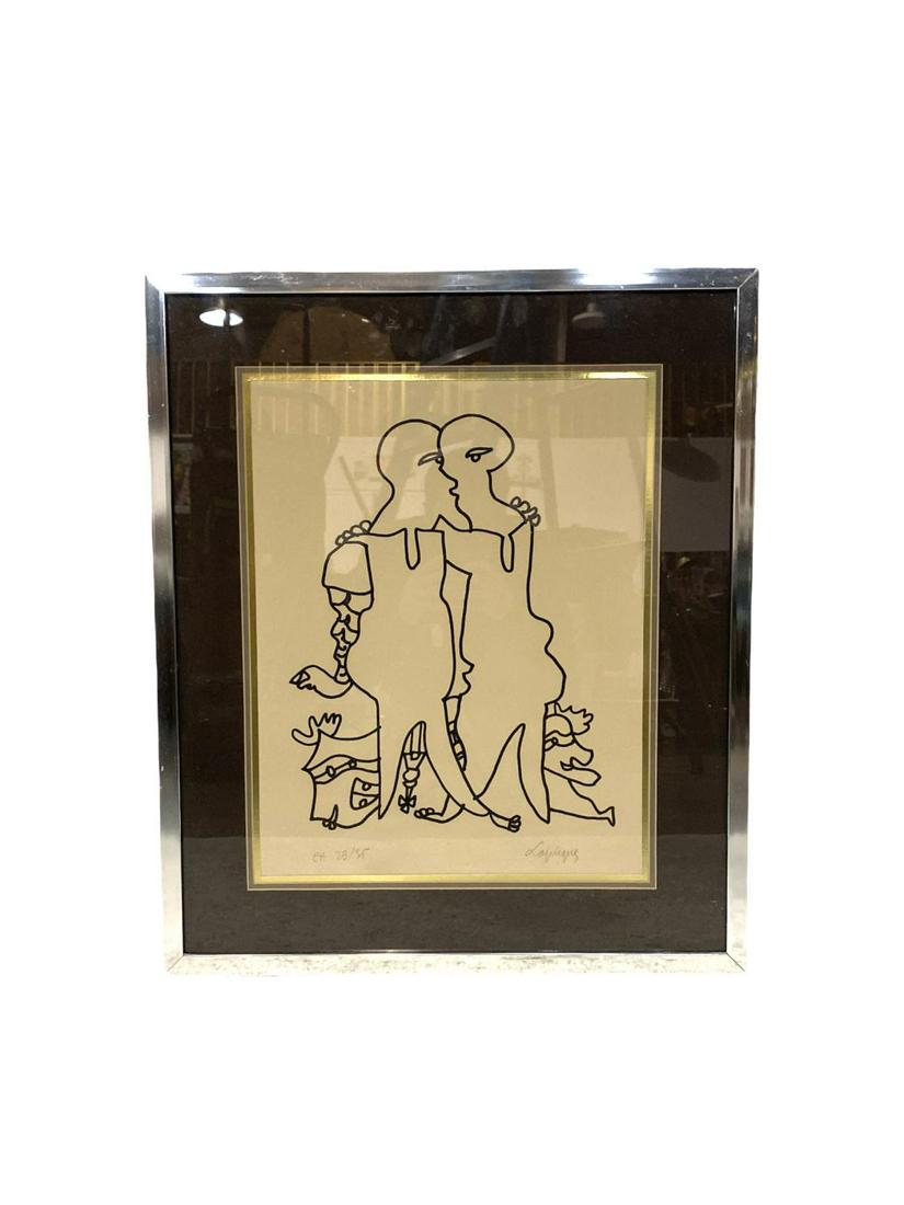 Signed Charles Lapicque (1898-1988) Lithograph on Paper: Signed Charles Lapicque (1898-1988) Lithograph on Paper Depicting Two Figural pencil signed lower right and numbered 25/35 CA lower left measures 18" x 14", 4" frame and matte