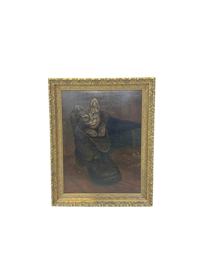 Antique Oil Painting on Board of a Cat in Boots: Antique Oil Painting on Board of a Cat in Boots measures 13" x 10", 2" frame