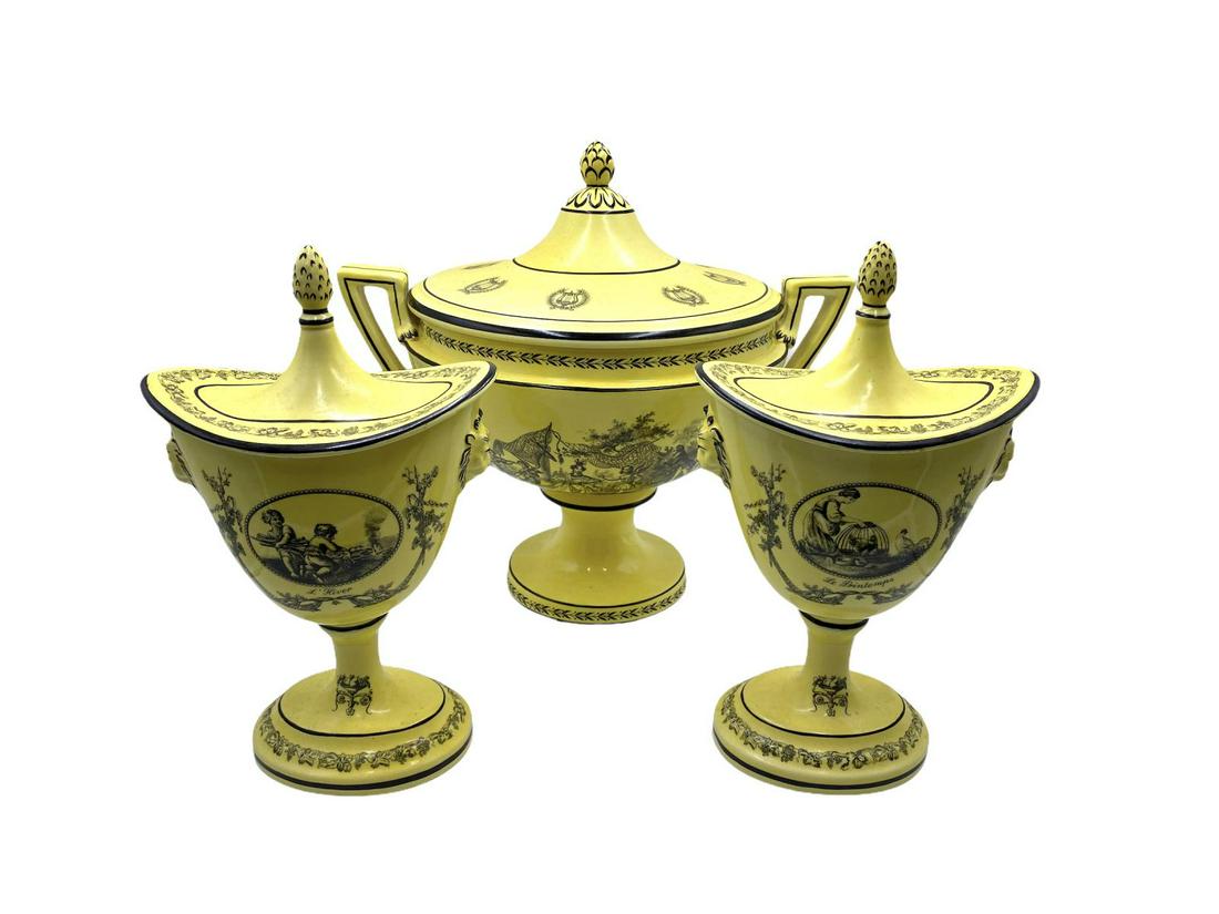 Three Pcs Mottahedeh Yellow Italy Porcelain Design: Three Pcs Mottahedeh Yellow Italy Porcelain Design Covered Tureen and Covered Urns. Urns measures 12" x 7" and Tureen measures 13" x 14"