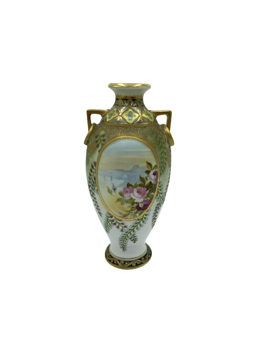 Nippon Hand Painted Porcelain Two Handled Vase: Nippon Hand Painted Porcelain Two Handled Vase measures H: 11 5/8" x W: 5 1/2"