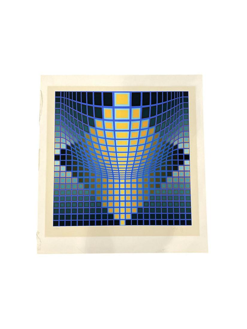 Signed Victor Vasarely (French/Hungarian, 1906-1997): Signed Victor Vasarely (French/Hungarian, 1906-1997) Screenprint in Color yellow and blue pencil signed and numbered 171/250 measures 32" x 30", not framed