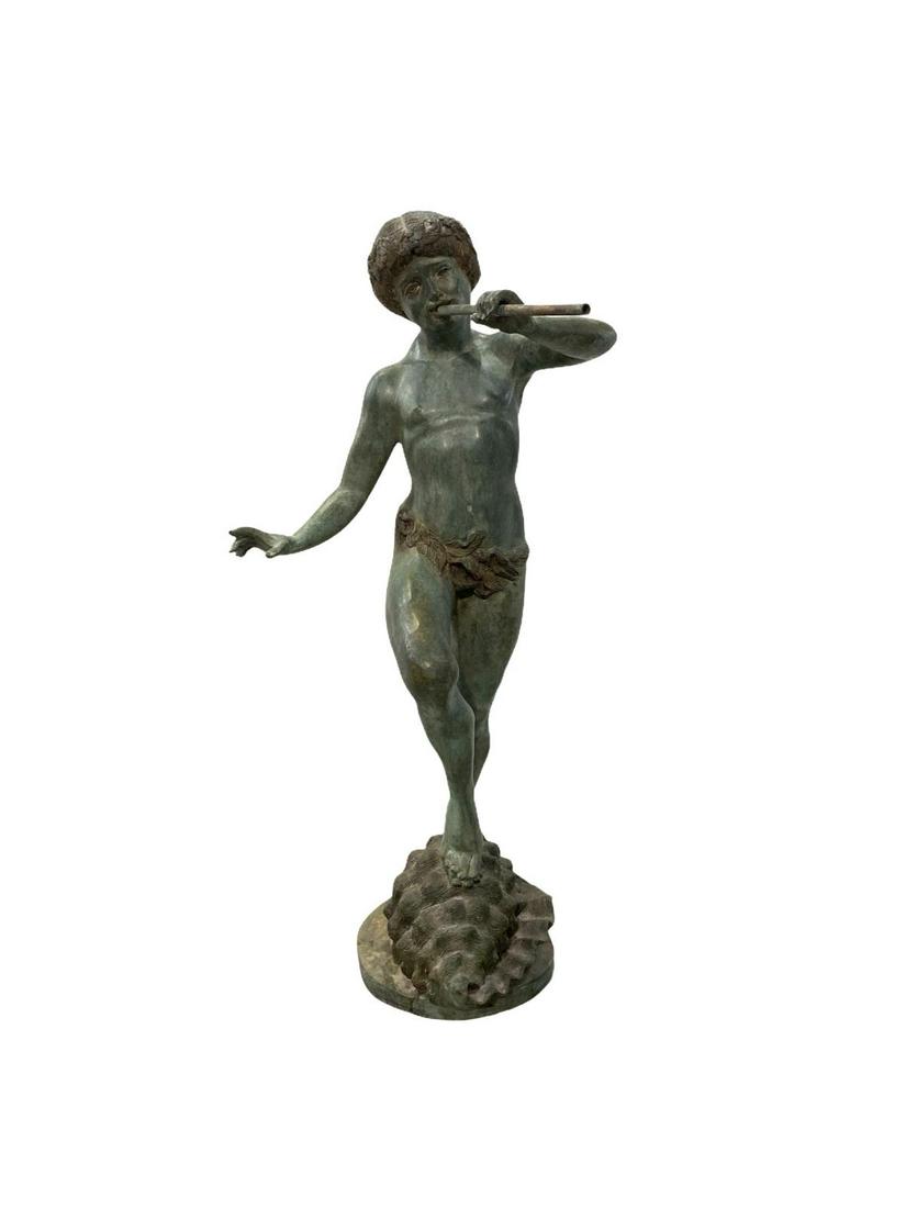 Bronze Boy with Flute Fountain Depicting a Boy Perched: Bronze Boy with Flute Fountain Depicting a Boy Perched on a Shell and Playing a Flute measures 36" x 15"