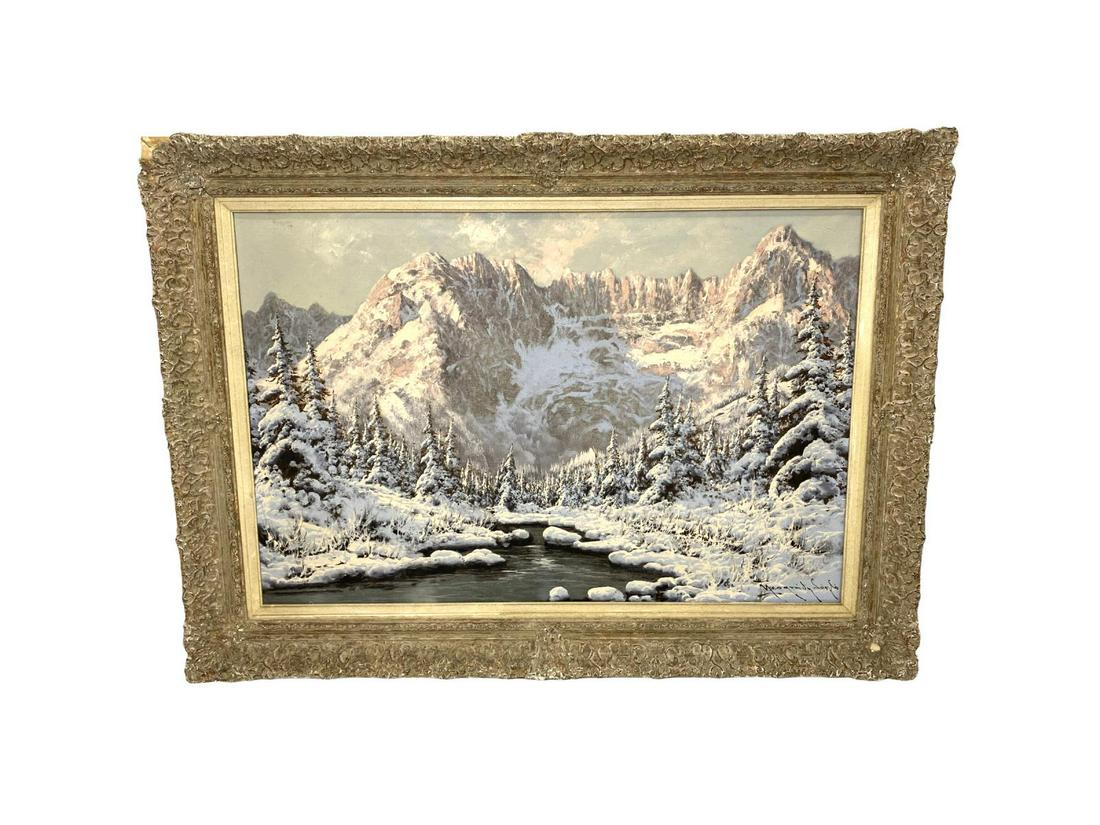 Signed Neogrady Laszlo (Hungarian, 1900-1962) Oil on: Neogrady Laszlo (Hungarian, 1900-1962) Oil on Canvas Mountainous Landscape in winter signed lower right measures Height: 24" x Width: 35", 4" frame. Frame sold as is